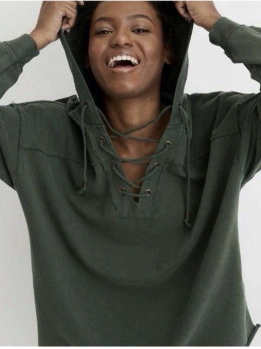 AERIE Size XL Women's Oversized Green Lace-Up Hoodie Top